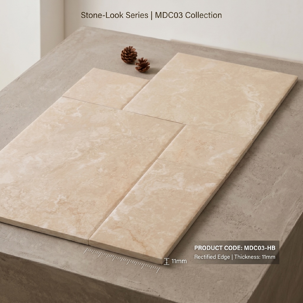 Bộ năm viên gạch porcelain vân đá chụp chính diện trên nền sáng