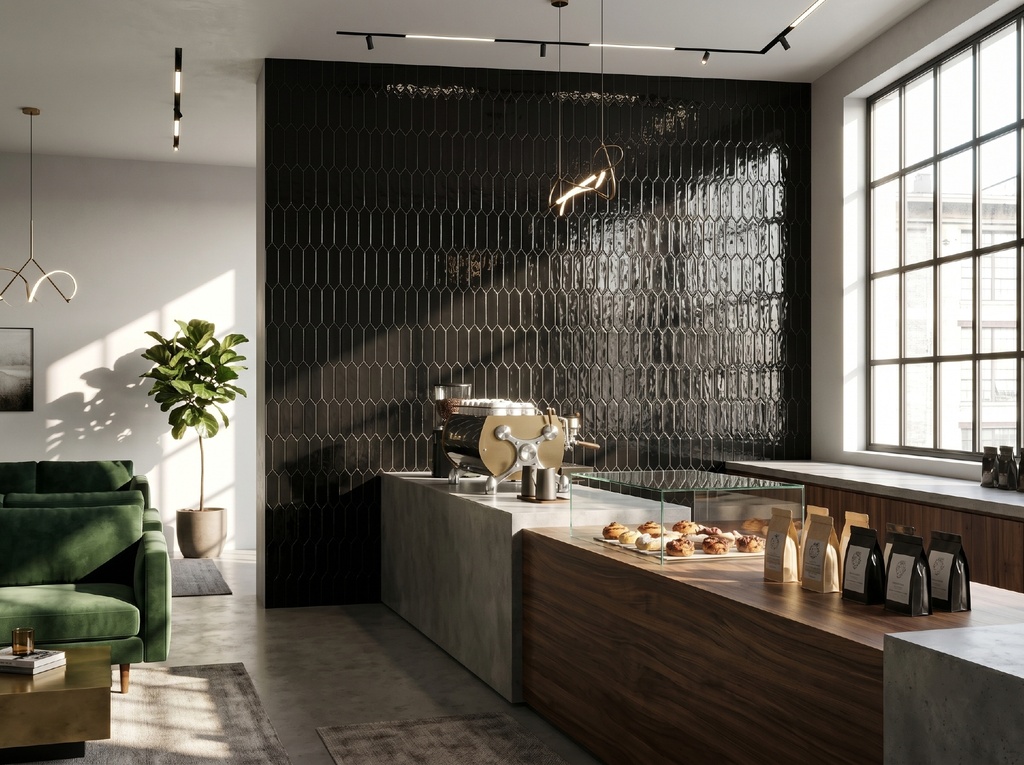 Cận cảnh sóng bề mặt và men bóng cao trên viên gạch hình thoi