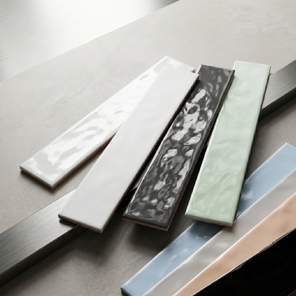 Gạch ceramic 60x400mm chụp nghiêng thấy rõ sóng bề mặt