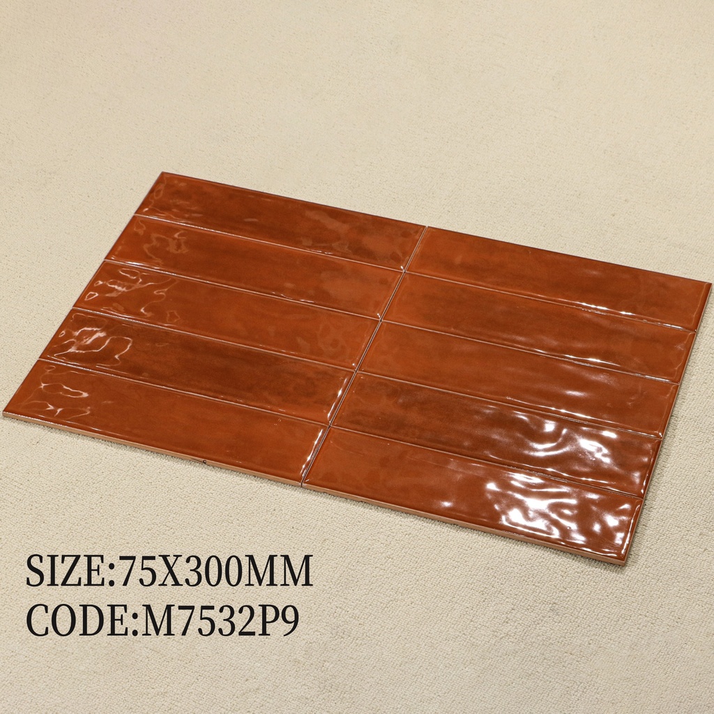 Gạch thẻ ceramic 75x300mm chụp chính diện trên nền trung tính