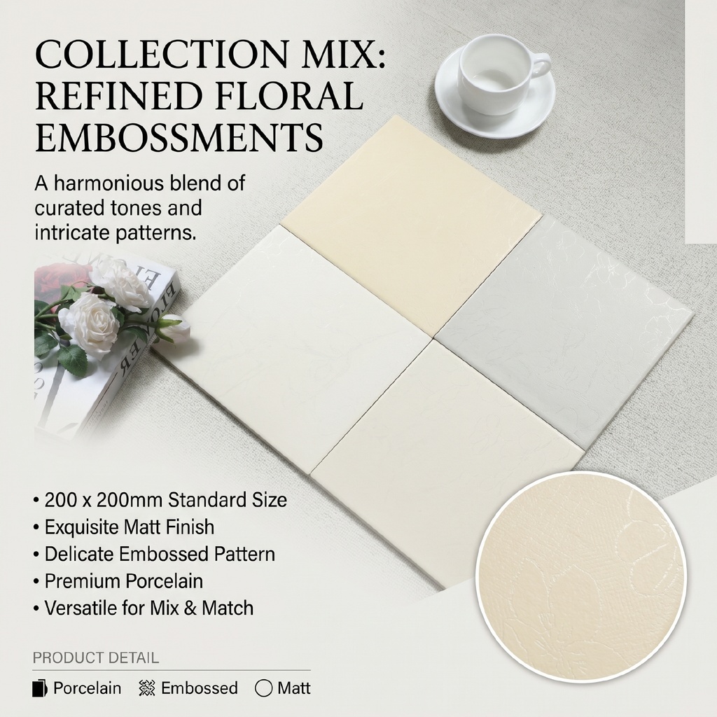 Gạch porcelain 200x200mm mờ dập nổi hoạ tiết hoa cạnh tự nhiên