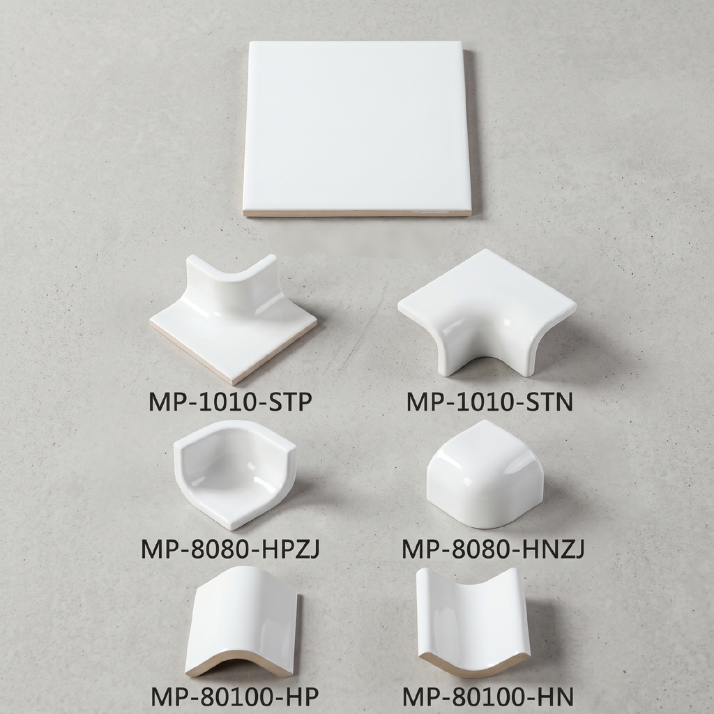 Gạch ceramic phụ kiện trắng bóng nẹp chân tường và góc bo