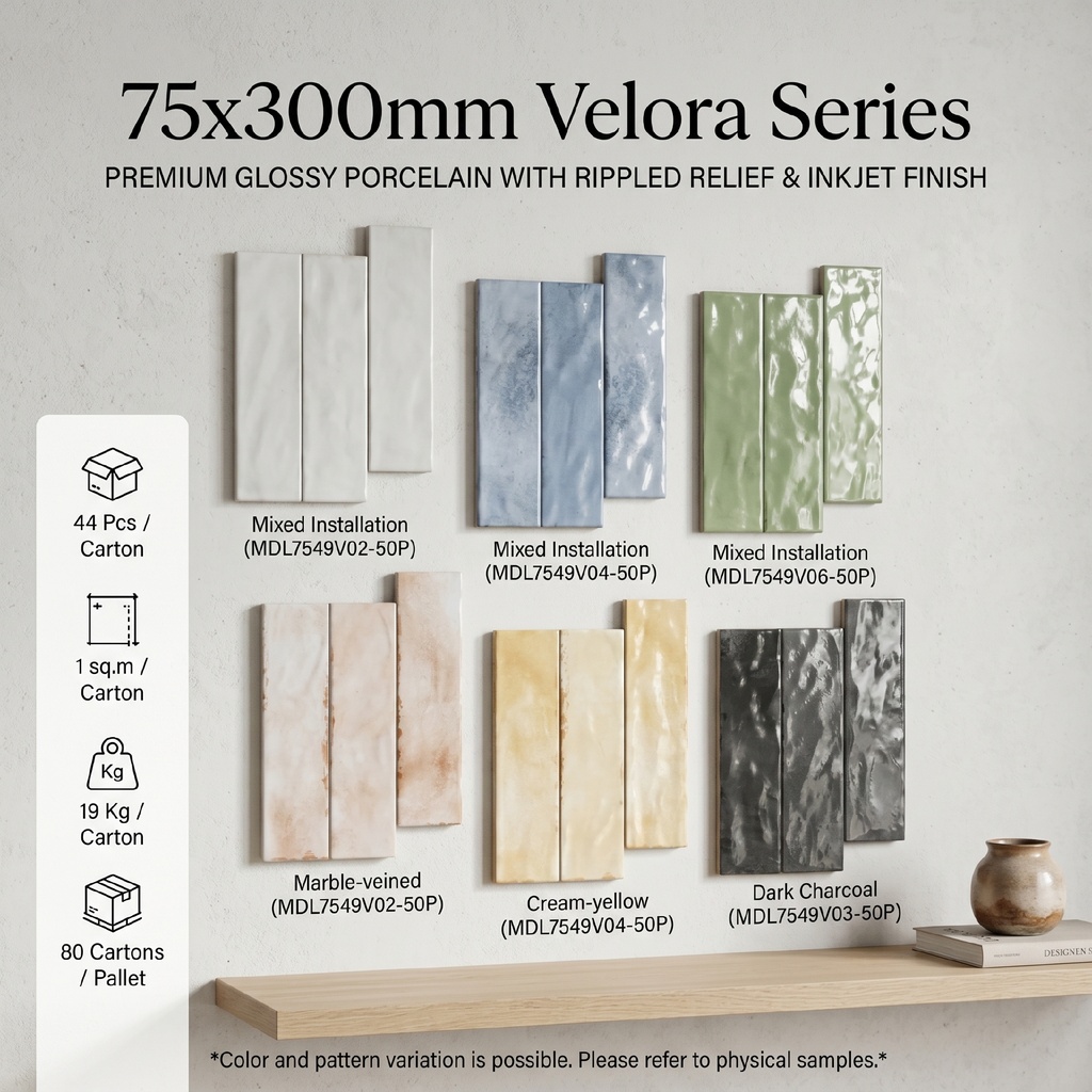 [MDL7549V04-50P] Gạch porcelain 75x300mm bề mặt bóng gợn sóng in phun kỹ thuật số