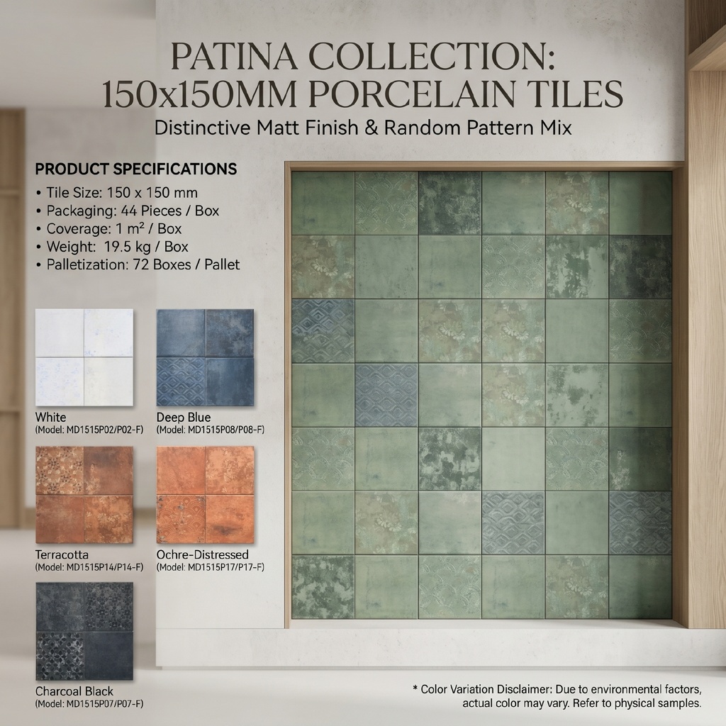 [MD1515P12] Gạch porcelain 150x150mm men mờ hoạ tiết patina xếp ngẫu nhiên