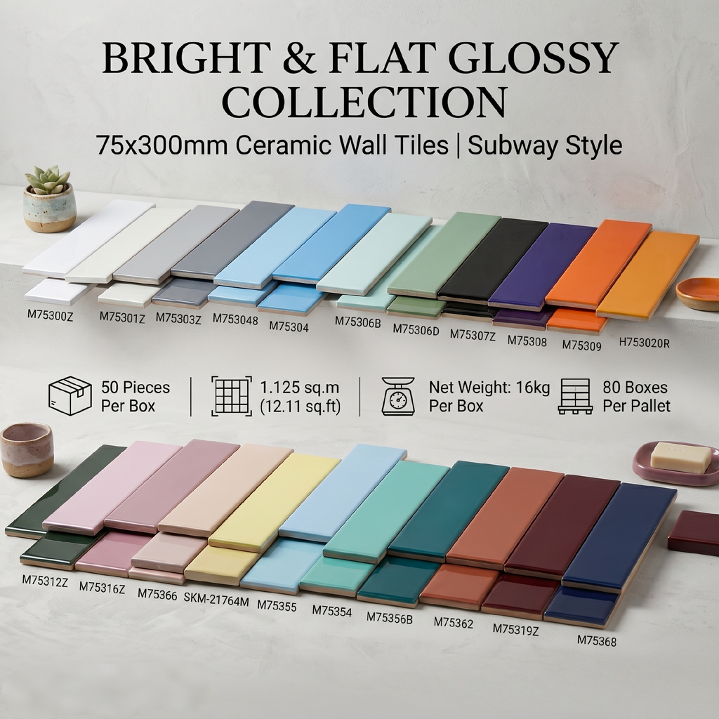 Gạch thẻ ceramic 75x300mm bề mặt phẳng men bóng cao nhiều màu