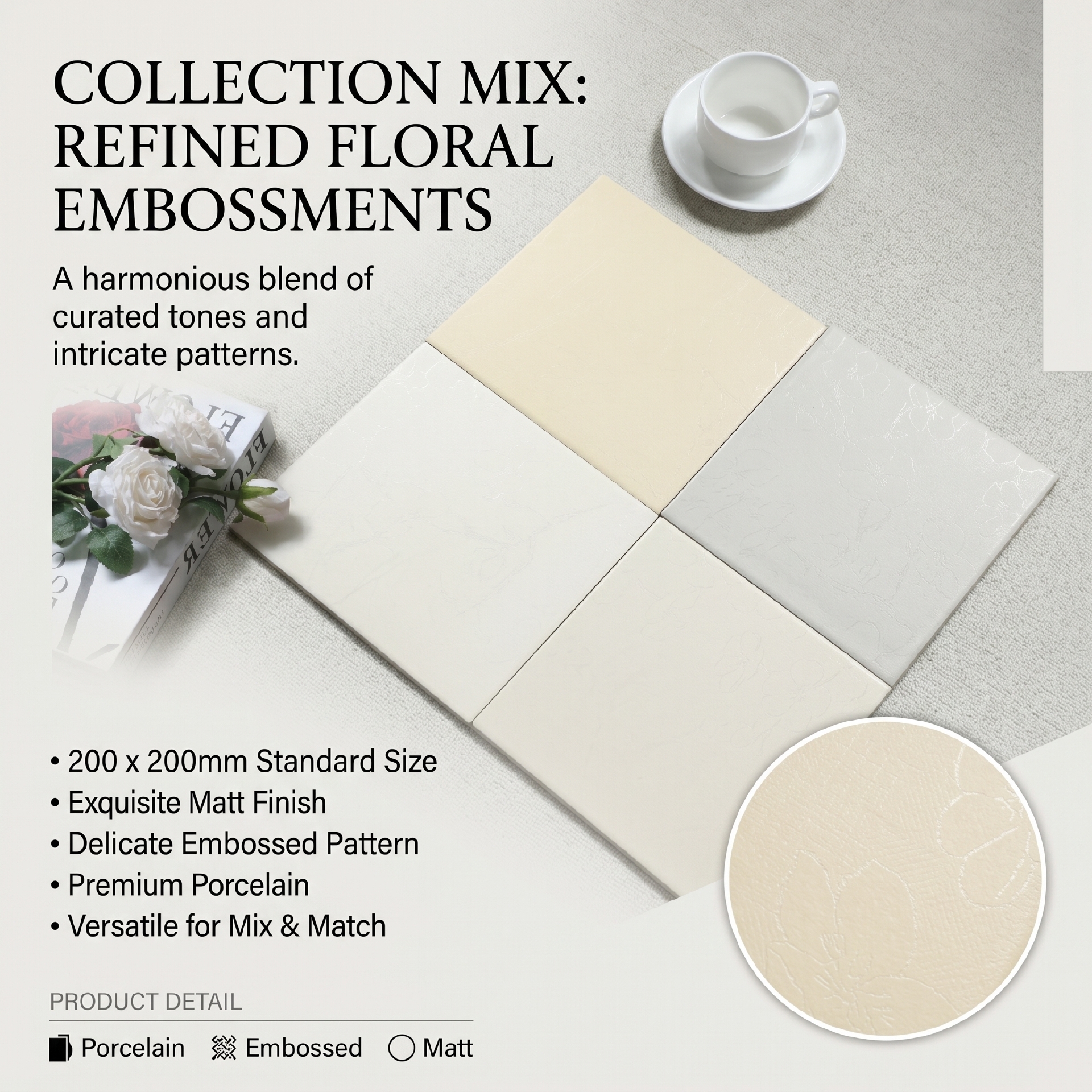 Gạch porcelain 200x200mm mờ dập nổi hoạ tiết hoa cạnh tự nhiên