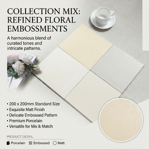 Gạch porcelain 200x200mm mờ dập nổi hoạ tiết hoa cạnh tự nhiên