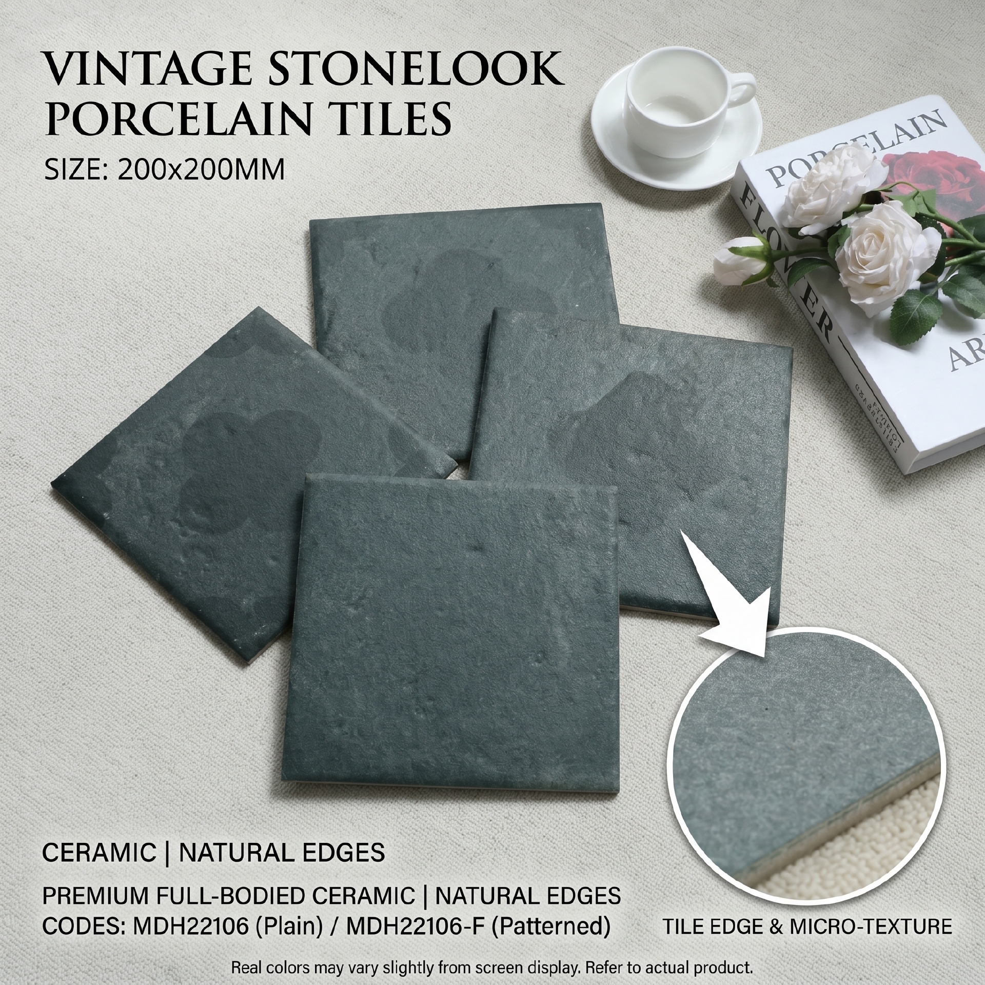 Gạch porcelain 200x200mm mờ phủ hạt cát vân đá đen xanh
