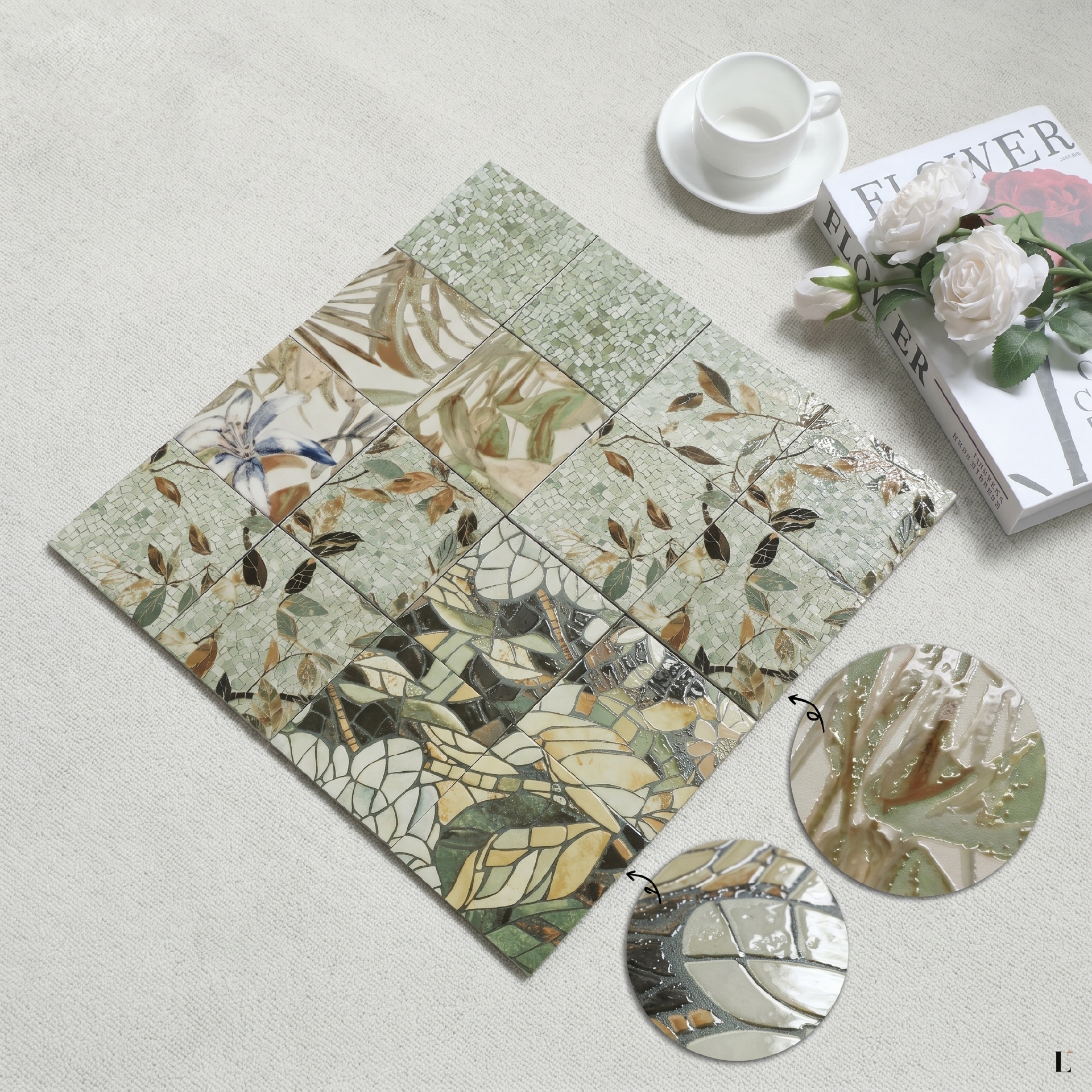 Gạch porcelain 200x200mm bóng phủ hạt cát hoạ tiết lá mosaic