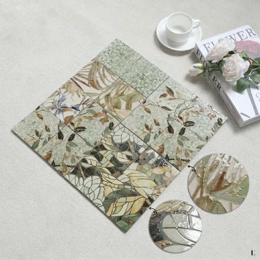 Gạch porcelain 200x200mm bóng phủ hạt cát hoạ tiết lá mosaic