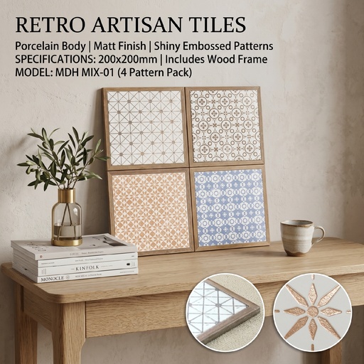 Gạch porcelain 200x200mm mờ hoạ tiết dập nổi chín mẫu phối
