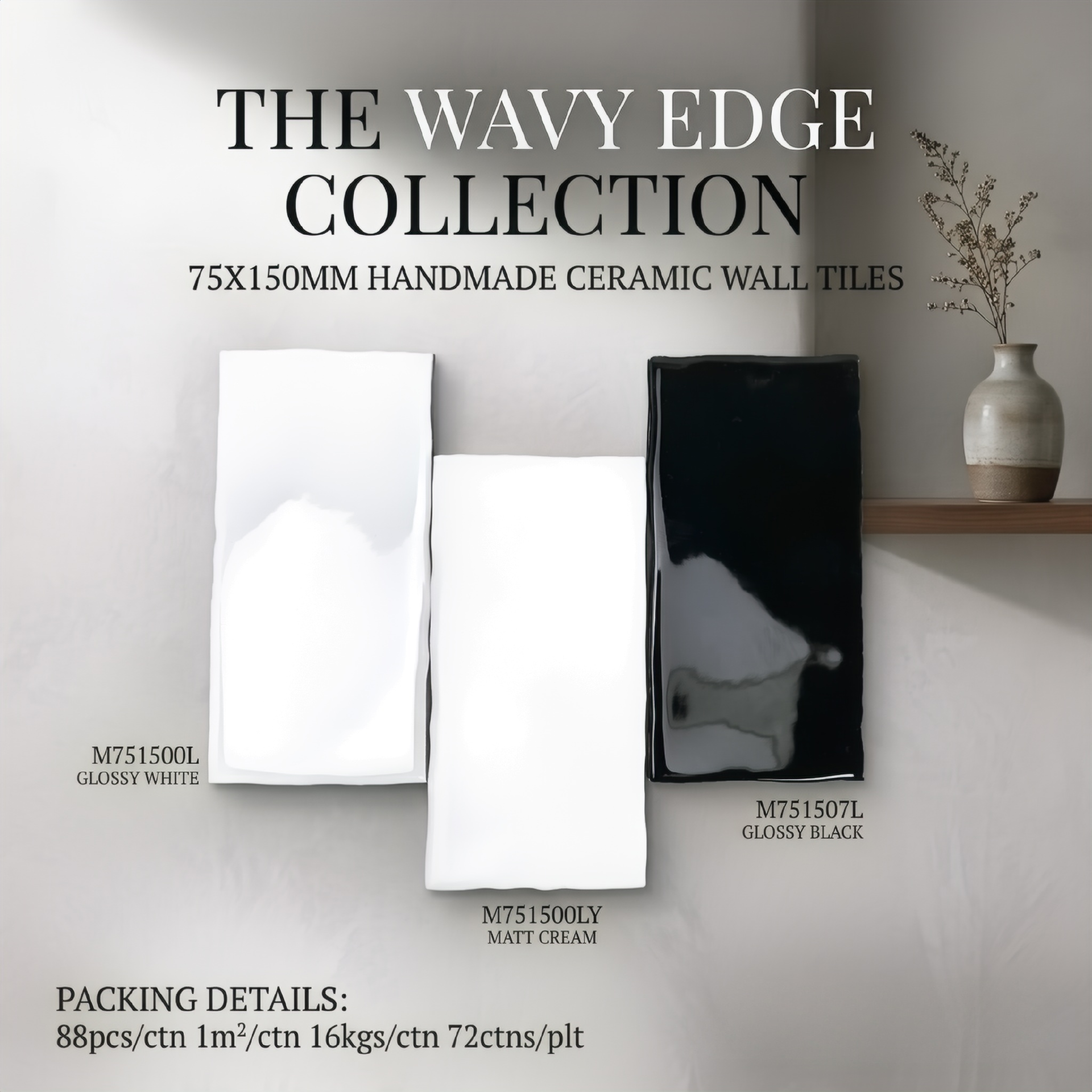 Gạch ceramic 75x150mm thủ công cạnh lượn sóng men bóng hoặc mờ
